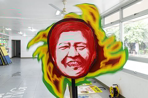 Environmental and climate advocates led by Kalikasan PNE and AGHAM create a "Typhoon Marcos" effigy on Sunday, 27 July 2025, ahead of President Ferdinand Marcos Jr.'s State of the Nation Address (SONA) on 28 July, which they say symbolizes the government's inaction on climate-related calamities.