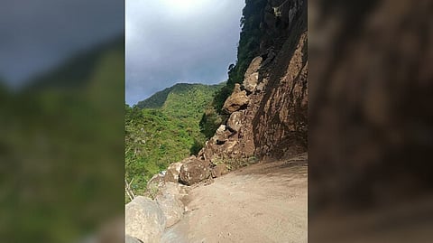 Blocked Heavy equipment is needed to clear a rockslide that struck a portion of the Barlig-Natonin Road in Mountain Province on Sunday morning.