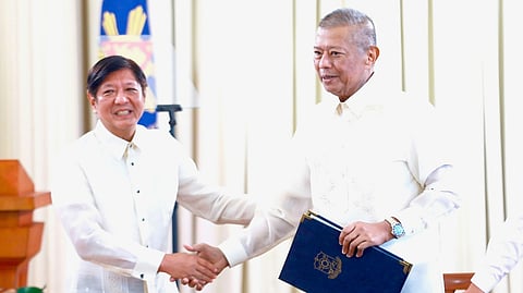 (FILES) President Ferdinand R. Marcos Jr. congratulates SOJ Jesus Crispin ‘Boying’ C. Remulla for finalizing the 2024 DOJ-NPS Rules on Preliminary Investigation and Inquest Proceedings in a move guaranteed to create a lasting and positive impact on the criminal justice system of the Philippines.