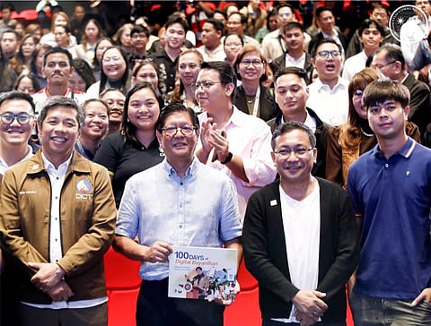 (From left to right): DICT Secretary Henry Aguda; President Ferdinand Marcos Jr.; DICT Undersecretary David Almirol; and Presidential Son William Vincent Marcos. Behind them are government officials and employees who attended the recent launch of the eGov PH Hub in San Juan City.
 
