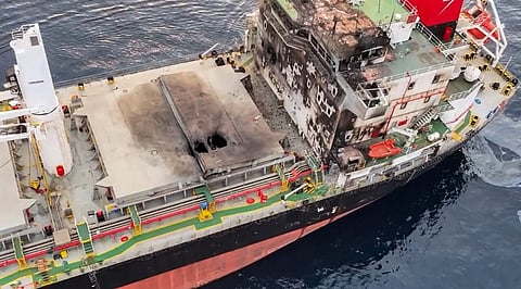 This handout picture released by Yemen's Huthi Ansarullah Media Centre on July 8, 2025 reportedly shows a view of damage to the Liberia-flagged bulk carrier Eternity C after it was attacked by the Huthis at sea. The Huthis claimed responsibility on July 9 for the deadly attack that sank the merchant vessel earlier this week, their second attack on Red Sea shipping in 24 hours as they resumed their campaign in the key waterway. The ship was badly damaged in the attack that started on July 7 and continued into the following day before the ship sank.
ANSARULLAH MEDIA CENTRE / AFP