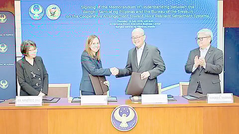 Bangko Sentral ng Pilipinas Governor Eli M. Remolona Jr. (3rd from left) and National Treasurer Sharon P. Almanza (2nd from left) seal the renewed BSP-BTr partnership with a handshake during the signing of a memorandum of understanding on 24 July 2025. Joining them are BSP Deputy Governor Mamerto E. Tangonan (rightmost) and BTr officer-in-charge Deputy Treasurer Ma. Nanette C. Diaz (leftmost).