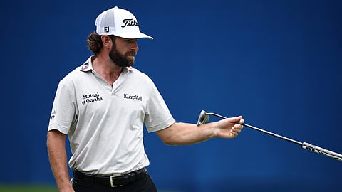 GREENSBORO, NORTH CAROLINA - AUGUST 02: Cameron Young of the United States reacts after a birdie on the 17th green during the third round of the Wyndham Championship 2025 at Sedgefield Country Club on August 02, 2025 in Greensboro, North Carolina.
