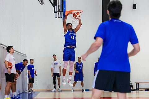AJ Edu soars for a dunk during Gilas Pilipinas’ final practice session before facing Chinese Taipei in the preliminaries of the 33rd FIBA Asia Cup in Jeddah, Saudi Arabia. 