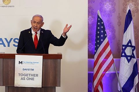Israel's Prime Minister Benjamin Netanyahu speaks during an event at the Waldorf Astoria Hotel in Jerusalem on July 27, 2025.

