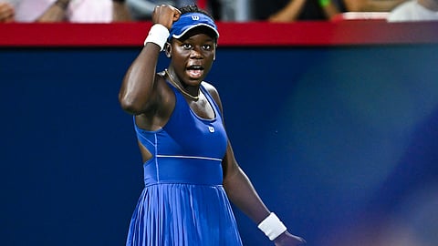 MONTREAL, CANADA - AUGUST 04: Victoria Mboko of Canada celebrates a point against Jessica Bouzas Maneiro of Spain during their quarterfinals singles women's match on Day Nine of the WTA 1000 National Bank Open at IGA Stadium on August 4, 2025 in Montreal, Quebec, Canada. 