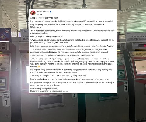 Screencap of Heidi Mendoza's open letter to DOTr Sec. Vince Dizon. August 5, 2025.