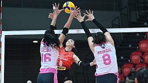 ERIKA Santos of Cignal attacks the defense of Ivy Lacsina and Ezra Madigal of Akari during their PVL On Tour quarterfinal match at the Philsports Arena.