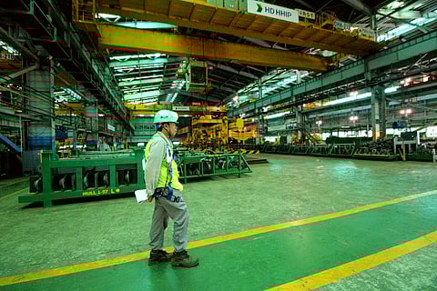 A worker from the HD Hyundai Heavy Industries Philippines at their workplace inside the Agila Subic Multiuse Facility at the Redondo Peninsula, Subic Bay Freeport Zone. 