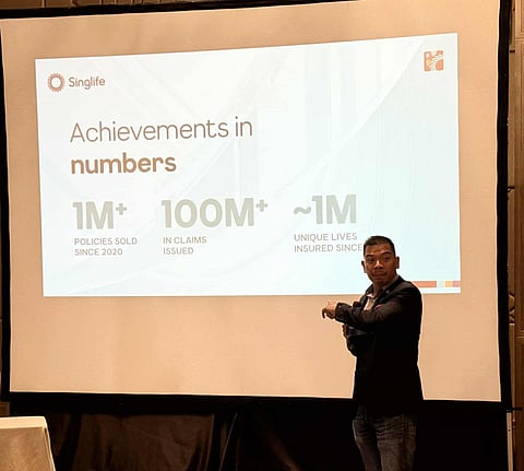 Lester Cruz, CEO of Singlife Philippines, presents its first half achievement in a press conference in Makati City on Thursday.