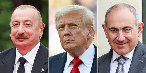 This combination of pictures created on August 7, 2025 shows Azerbaijan's President Ilham Aliyev (L) in Tirana on May 16, 2025, US President Donald Trump (C) in East Rutherford, New Jersey on July 13, 2025 and Armenia's Prime Minister Nikol Pashinyan (R) in Paris on July 14, 2025.
US President Donald Trump announced he will host the leaders of Armenia and Azerbaijan on August 8 for what he called a "Historic Peace Summit" aimed at ending a decades-long conflict between two former Soviet republics.
Armenian Prime Minister Nikol Pashinyan and President Ilham Aliyev of Azerbaijan "will join me at the White House for an official Peace Signing Ceremony," Trump posted Thursday on his Truth Social platform.

