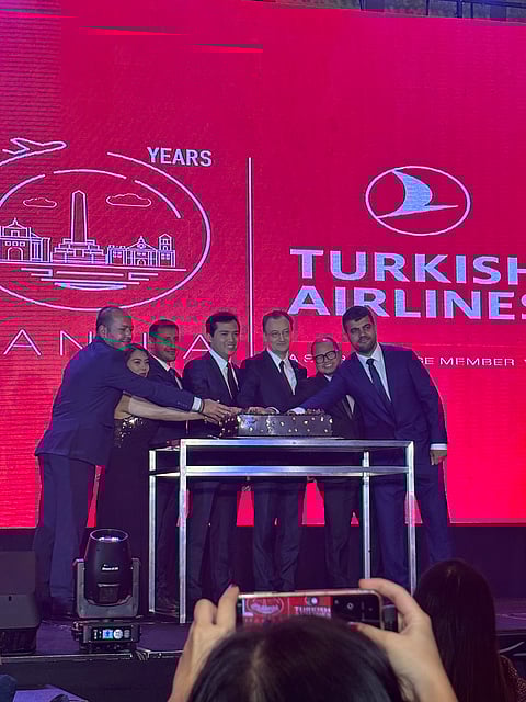 Cake-cutting ceremony: (From left) Turkish Airlines Manila station manager Bekir Duru; sales manager Joanna Marie Santos; country manager Huzeyfe Akhan; Department of Tourism Undersecretary Shahlimar Hofer Tamano; Turkish Ambassador Niyazi Evren Akyol; and Turkish Airlines cargo manager Enes Avar.