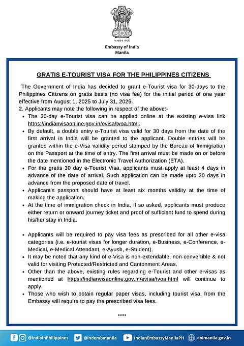 India rolls out free 30-day e-Tourist visa for Filipinos