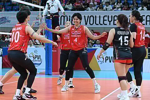 Chery Tiggo celebrates a 25-17, 25-15, 25-19 victory over Nxled on Saturday to secure a semifinal slot in the PVL On Tour at the Philsports in Pasig.