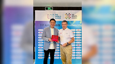 PSC chairman Patrick ‘Pato’ Gregorio (left) and IWGA president José Perurena López smile after discussing the possibility of bringing the 2033 World Games in the Philippines.