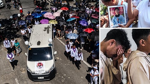 MEMBERS of the Nuestro Señor de Longos Mission Station weep on Sunday as 20-year-old sacristan Dion Gelo dela Rosa is laid to rest at Our Lady of Lourdes Eternal Park in Malabon City. Dela Rosa died of leptospirosis, which he contracted while wading through floodwaters in search of his missing father.