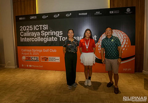 ADDIE Manhit (center) poses with ICTSI Global Corporate PR manager Bambi Marfil and Caliraya Springs Golf Club general manager David Du Sr. after clinching victory in Round 2 of the IIT Ladies Competition at the Caliraya Springs Golf Club over the weekend. 