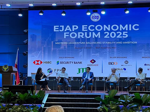 MEMBERS of the Marcos Jr. economic cluster, namely Special Assistant to the President for Investment and Economic Affairs, Secretary Frederick Go (2nd from left), Finance Secretary Ralph Recto, Bangko Sentral ng Pilipinas Governor Eli Remolona Jr. and Department of Economy, Planning, and Development Secretary Arsenio Balisacan graced the Economics Journalists Association of the Philippines Economic Forum 2025 at the Bangko Sentral ng Pilipinas in Manila on Monday.