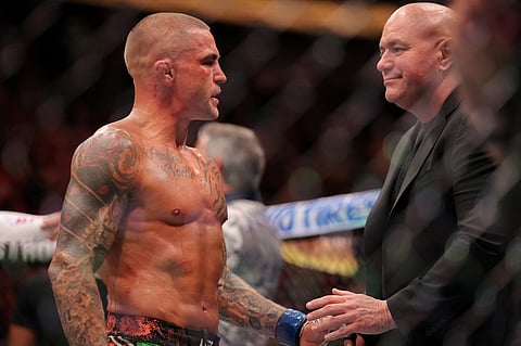 NEW ORLEANS, LOUISIANA - JULY 19: Dustin Poirier of the United States shakes hands with Dana White after Poirier's lightweight bout against Max Holloway of the United States during UFC 318: Holloway vs Poirier 3 at the Smoothie King Center on July 19, 2025 in New Orleans, Louisiana.