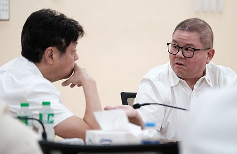 DEPARTMENT of Agriculture Secretary Francisco Tiu Laurel Jr. (right) talks proposed Rice Tariffication Law amendments with Senator Francis Pangilinan during Monday’s briefing at DA headquarters in Quezon City.