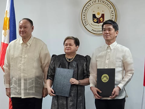 DEFENSE  Secretary Gilberto Teodoro Jr., Foreign Affairs Secretary Ma. Teresa Lazaro and Japanese Ambassador to the Philippines Endo Kazuya led the ceremonial exchange of notes on the entry into force of the agreement between the Philippines and Japan concerning the facilitation of the cooperation between the Self-Defense Forces of Japan (SDFJ) and the Armed Forces of the Philippines (AFP) at DFA headquarters in Pasay City  on August 12, 2025. (Photo by Lade Kabagani)