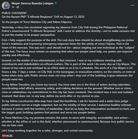 Trece Martires mayor clarifies absence during PNP’s five-minute drill