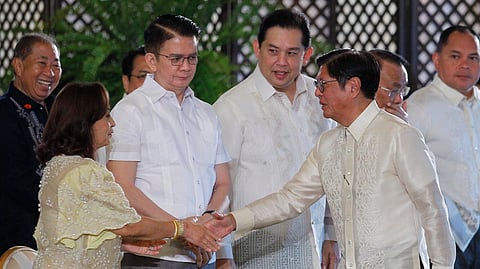 Politics makes strange bedfellows At the signing of the Judiciary Autonomy Act,  President Ferdinand Marcos Jr. seals the moment with a handshake with Rep. Gloria Macapagal-Arroyo, as Senate President Francis Escudero and Speaker of the House Martin Romualdez — heads of two chambers currently at odds on the flood control controversy that the President himself unearthed — share space witnessing.