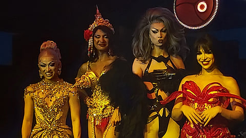 (From left) Brigiding, Siam Phusri (Thai), Ivory Glaze (Australian), and Viñas Deluxe. Queens from the highly anticipated 'Drag Race Philippines Slaysian Royale' franchise debrief in Rampa Drag Club in Quezon City on Wednesday.