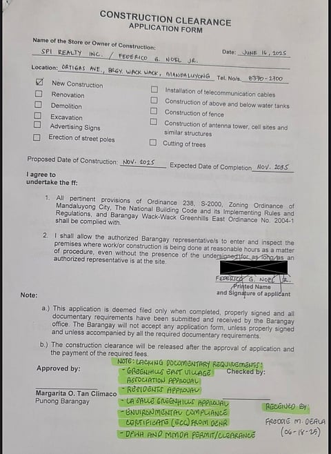 The application Shang Properties Inc. (SPI) in constructing a 72-story building at the heart of Greenhills East, San Juan. The highlighted part (in green) is the lacking documentary permits that should be accomplished by the SPI.