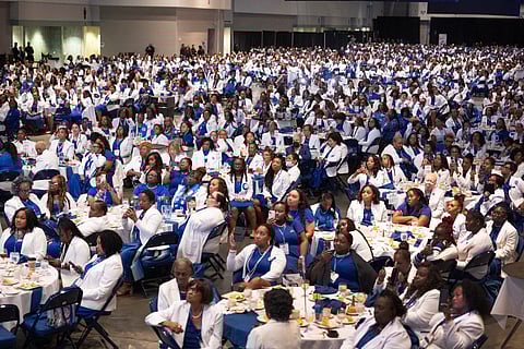 Guests listen as Vice President Kamala Harris speaks to the Zeta Phi Beta Sorority Grand Boule at the Indiana Convention Center on July 24, 2024 in Indianapolis, Indiana. Yesterday Harris spoke to potential voters during a stop in Wisconsin and tomorrow is scheduled to attend an event in Texas