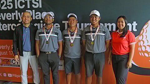 Rolando Bregente (middle) of LPU-1 and teammates Robert Bernis (second from left) and Michael Bolano (second from right) beam with pride alongside Beverly Place Golf Club GM Elsen Alvaran (left) and PGTI operations manager Jhi Estrada after the ICTSI Intercollegiate Tournament at Beverly Place in Mexico, Pampanga. 