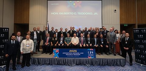Delegates of the US-ASEAN Aerospace, Defense and Security assemble with Defense Secretary Gilberto Teodoro Jr. (center) and Armed Forces Chief of Staff Romeo Brawner Jr. (third from Teodoro's left). 