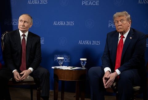 US President Donald Trump and Russian President Vladimir Putin meet during a US-Russia summit on Ukraine at Joint Base Elmendorf-Richardson in Anchorage, Alaska, on August 15, 2025.