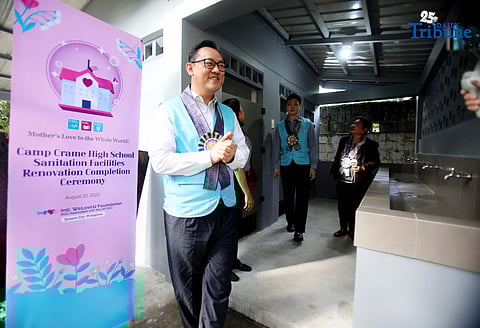 Quezon City Assistant Branch Manager of the International WeLoveU Foundation, Mr. Junha Lee; Quezon City Branch Manager, Mr. Michael Lee; Principal II Dr. Marife Talabucon; and Public Schools Division Supervisor Dr. Edna Galiza lead the symbolic ribbon-cutting during the turnover of newly renovated restrooms at Camp Crame High School on Wednesday, August 20, 2025. The WeLoveU Foundation embodies a mother’s love through volunteerism, striving to enhance the well-being of the global community regardless of nationality, race, socioeconomic status, or religious background.