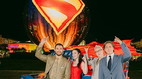 THE lead stars of Superman, David Corenswet and Rachel Brosnahan, alongside director James Gunn and producer Peter Safran pose with the iconic Pinoy jeepney and the equally iconic SM Mall of Asia globe.