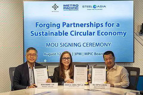 Executives from Metro Pacific Investments Corp., Mitsui & Co. (Asia Pacific) Pte. Ltd. Manila Branch and SteelAsia Manufacturing Corp. sign a memorandum of understanding to study the creation of a closed-loop steel recycling system.