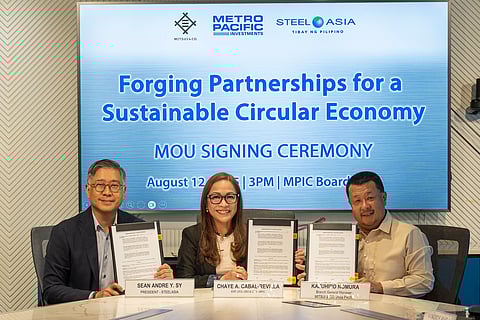 Executives from Metro Pacific Investments Corp., Mitsui & Co. (Asia Pacific) Pte. Ltd. Manila Branch, and SteelAsia Manufacturing Corp. sign a memorandum of understanding to study the creation of a closed-loop steel recycling system.