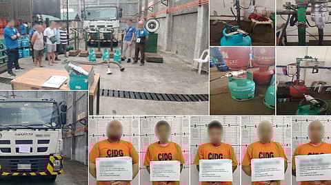 AUTHORITIES present the five suspects who were allegedly cross-filling liquefied petroleum products in Valenzuela City. The Philippine National Police-Criminal Investigation and Detection Group intensified its nationwide operations against intellectual property rights violations and trade malpractice involving LPG.