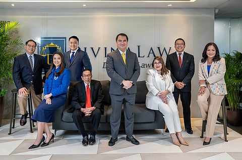 DEAN Nilo T. Divina (fifth from left), managing partner of DivinaLaw, is flanked by his associates — all college of law deans. From left: Danilo L. Concepcion, Jacqueline O. Lopez-Kaw, Enrique V. Dela Cruz Jr., Justice Raoul V. Victorino, Mary Jude Marvel, Jose M. Layug Jr. and Mae Elaine T. Bathan.
