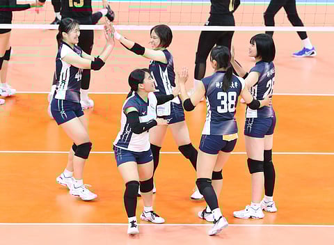 Kobe Shinwa celebrates its 25-14, 27-25, 25-17 victory over ZUS Coffee in their PVL Invitational game Saturday at the Philsports in Pasig.