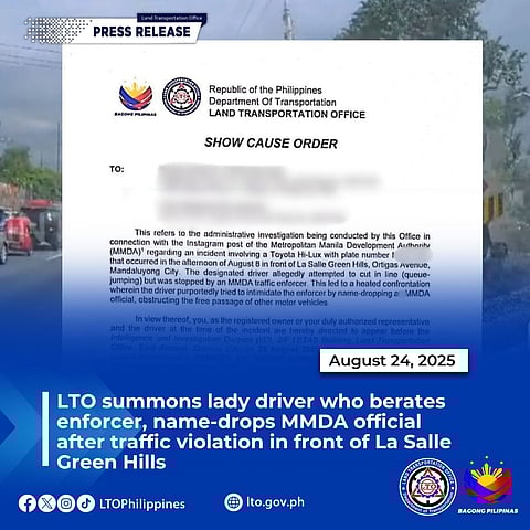 LTO summons lady driver who berated traffic enforcer, name-dropped MMDA official