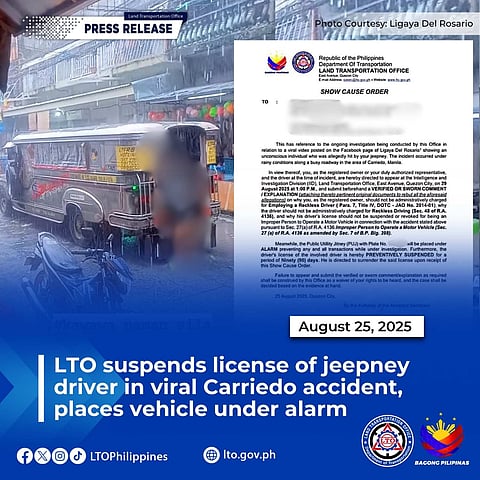 LTO suspends license of jeepney driver in viral Carriedo accident