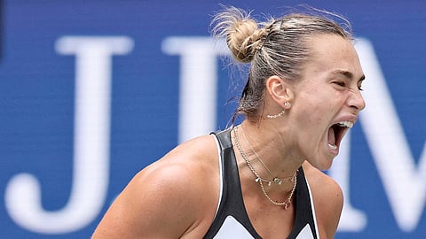 ARYNA Sabalenka celebrates after posting a 7-5, 6-1 victory over Rebeka Masarova in the opening round of the US Women’s Open singles event. 