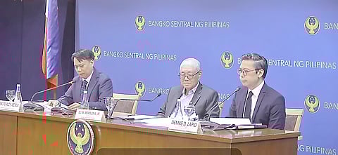 Bangko Sentral ng Pilipinas officials, headed by its governor, Eli Remolona (center), preside over the Monetary Board meeting on Thursday in Pasay City.