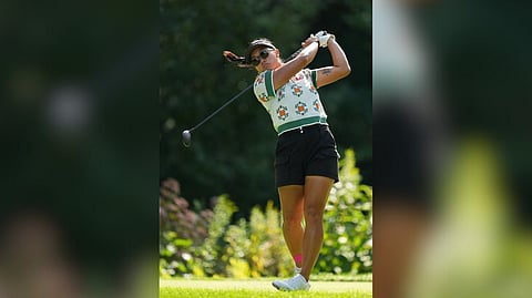 BIANCA Pagdanganan plays her shot from the fifth tee during the first round of the FM Championship 2025 at TPC Boston in Norton, Massachusetts.