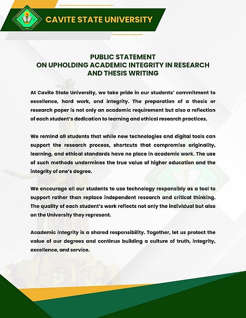 Cavite State University issues a statement amid the P5000 AI-thesis issue, 28 August.