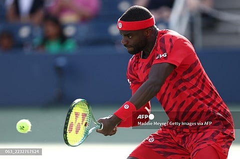 Frances Tiafoe of the United States returns a shot against Jan-Lennard Struff of Germany during their Men's Singles Third Round match on Day Six of the 2025 US Open at USTA Billie Jean King National Tennis Center on August 29, 2025 in the Flushing neighborhood of the Queens borough of New York City.