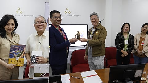 CCP president Kaye Tinga with Jose Rizal University's vice president for Academic Affairs Dr. Miguel M. Carpio and CCP Vice President for Administration Jose Victor Gaite with PLM president  Domingo Reyes Jr., Prof. Luningning Galindez, Prof. Cecile Sabordo, and Relson Moral.