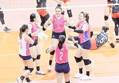 CREAMLINE celebrates after cruising to a 25-15, 25-13, 25-22 win over Chery Tiggo to finish third in the PVL Invitational on Sunday. 