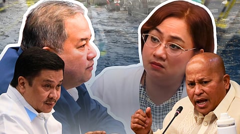 Flood of emotions Senators Jinggoy Estrada (second from left) and Ronald ‘Bato’ dela Rosa bristle with fury at the Senate Blue Ribbon probe Monday into ‘ghost’ or substandard flood projects, as suspended district engineer Henry Alcantara (left) confesses to his casino habit, while contractor Sarah Discaya insists her fortune was no stroke of luck, but was years in the making.